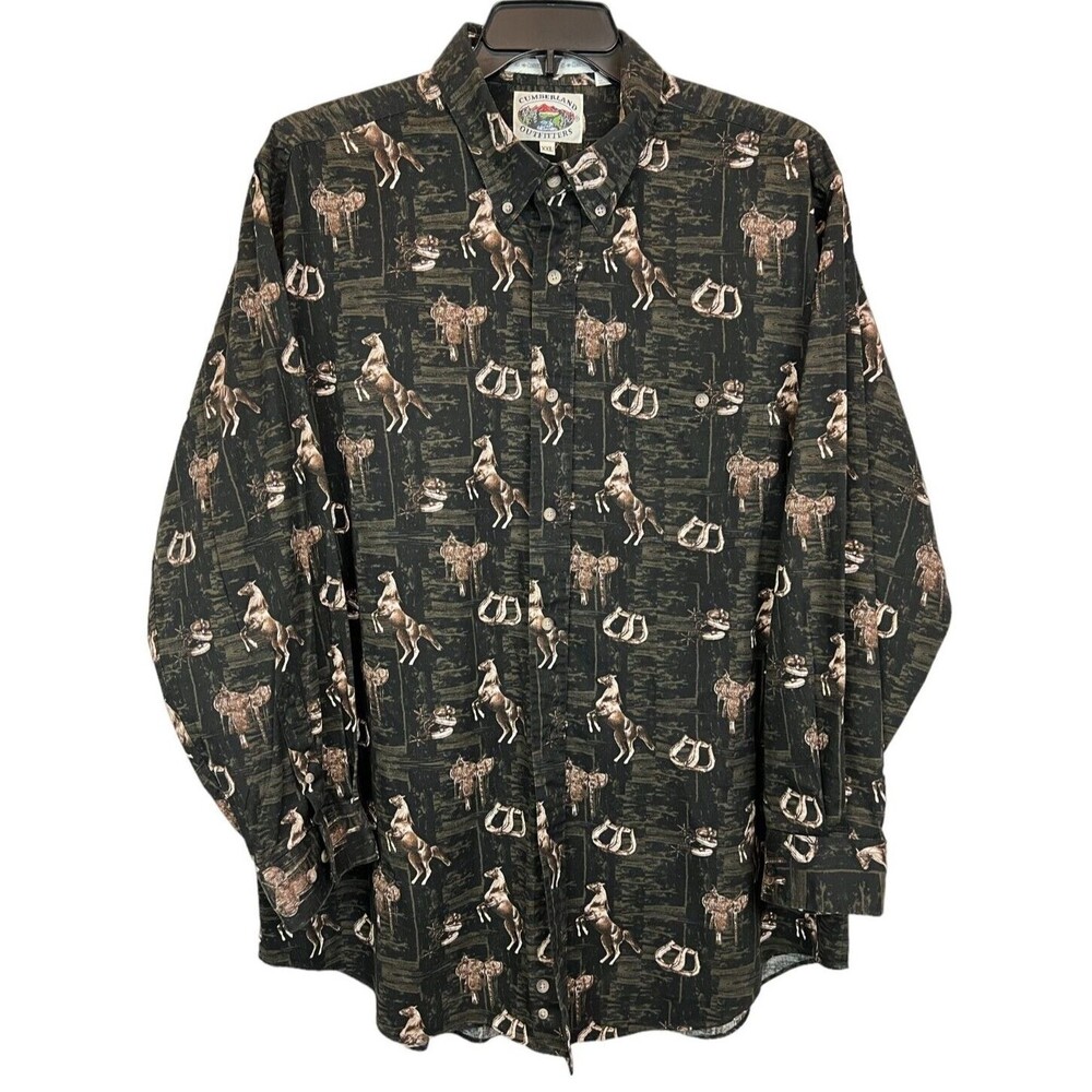 Cumberland Outfitters Men's Black Horse Equine Print LS Button Shirt Size XXL